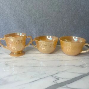 Vintage Fire King Oven Ware Laurel Peach Luster Cups and Sugar